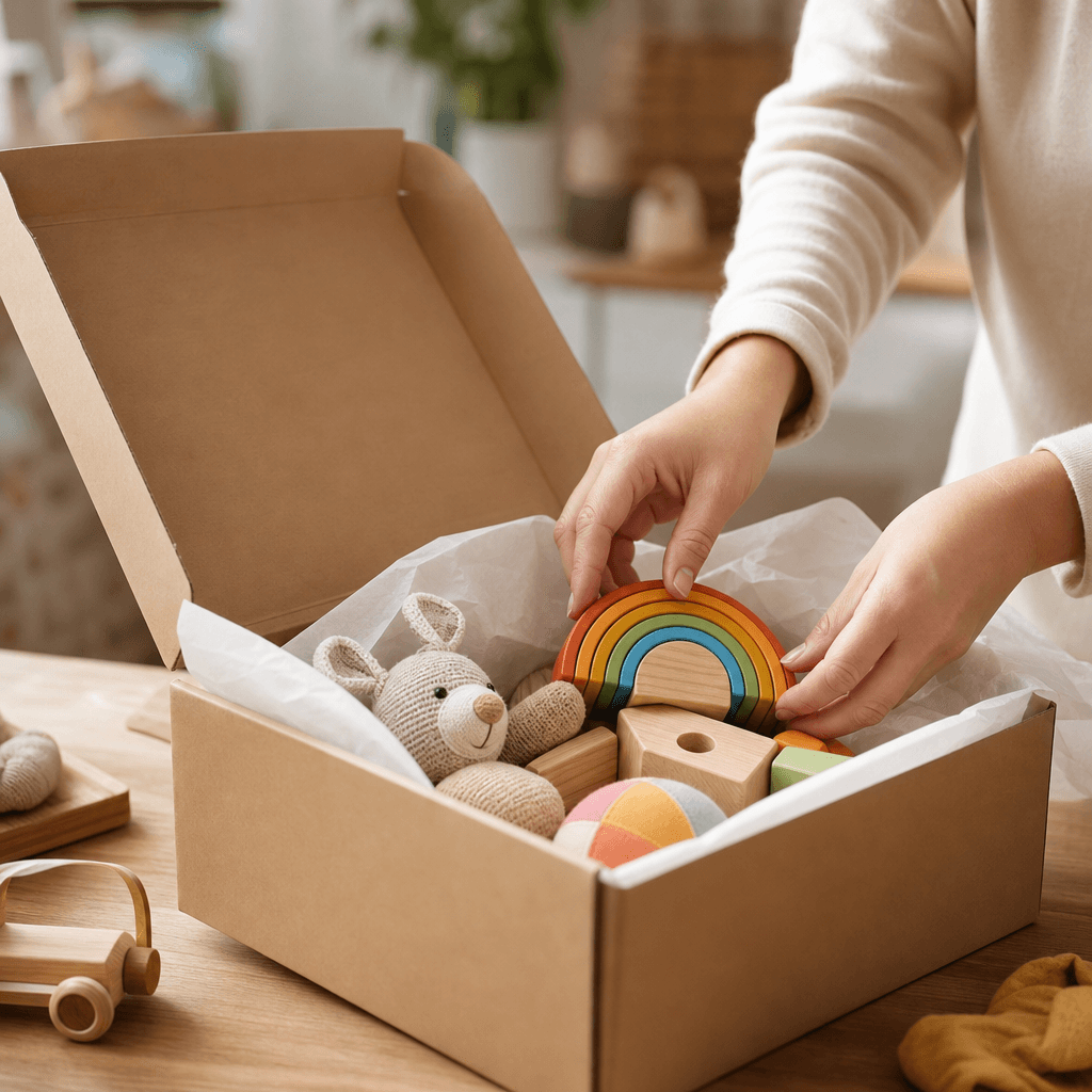 Hands carefully packing toys at KidoHome