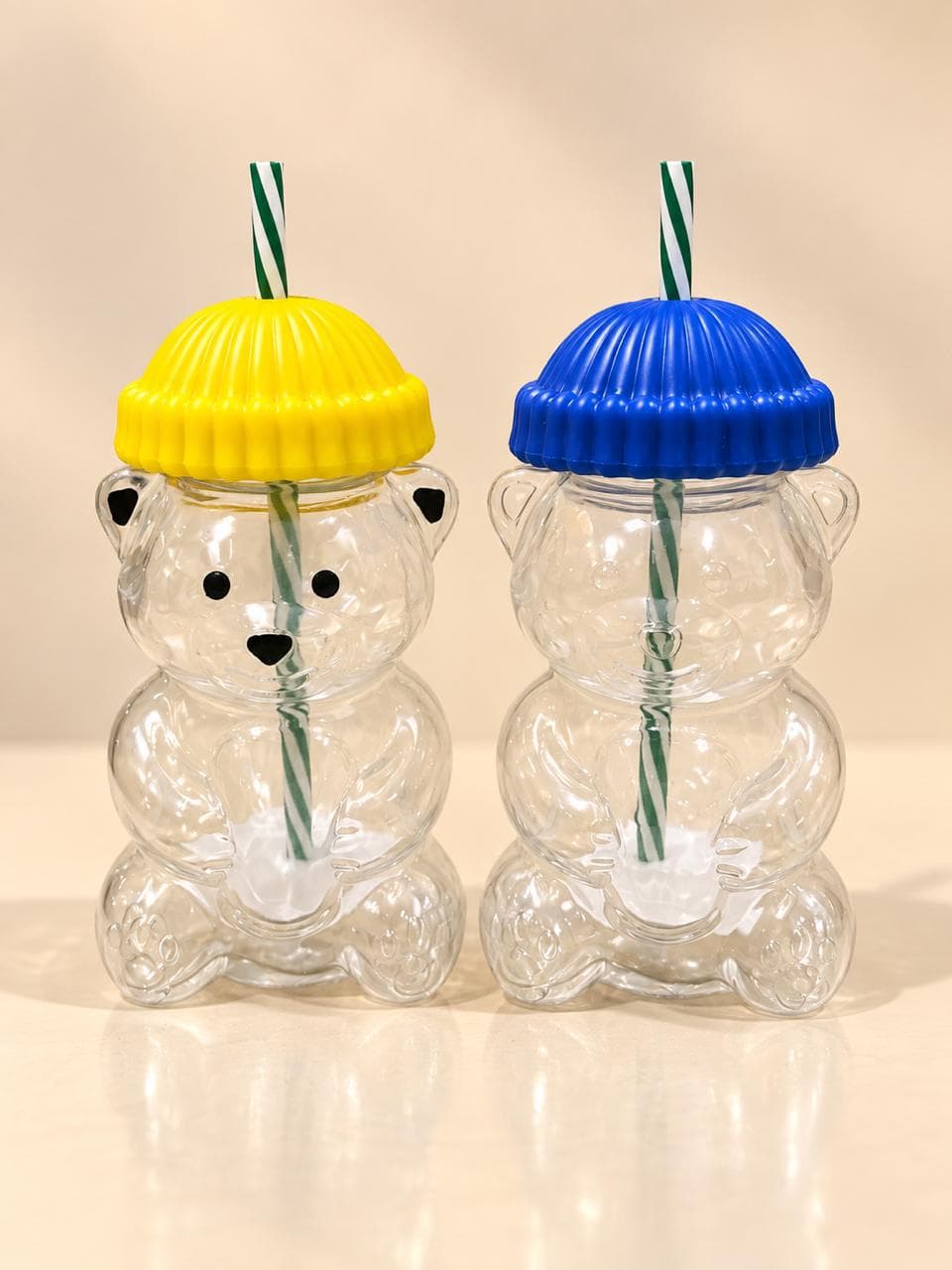 Cute Bear Shaped Double Wall Glass Sipper Water Bottle with Straw